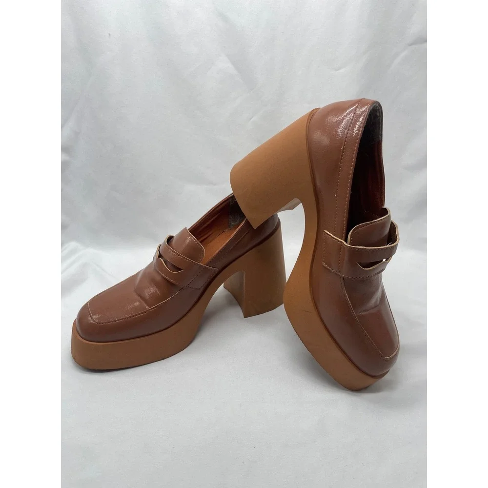 ASOS‎ DESIGN Profile Chunky High Heeled Loafer In Tan Size 40/9
